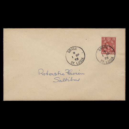 Saint Lucia 1954 (Used) 3c Queen Elizabeth II cover, GRACE