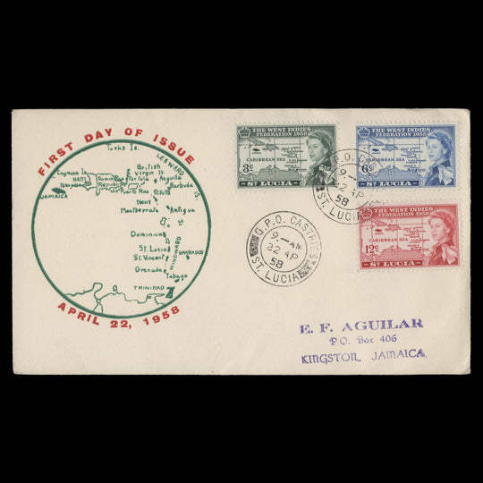 Saint Lucia 1958 West Indies Federation first day cover, CASTRIES