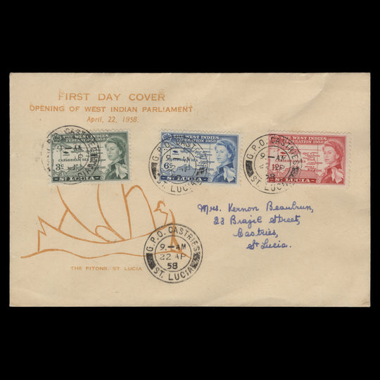 Saint Lucia 1958 West Indies Federation first day cover, CASTRIES