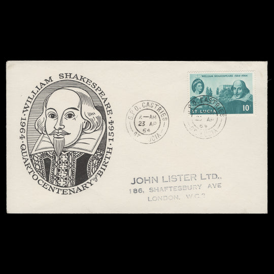 Saint Lucia 1964 Shakespeare Birth Anniversary first day cover, CASTRIES