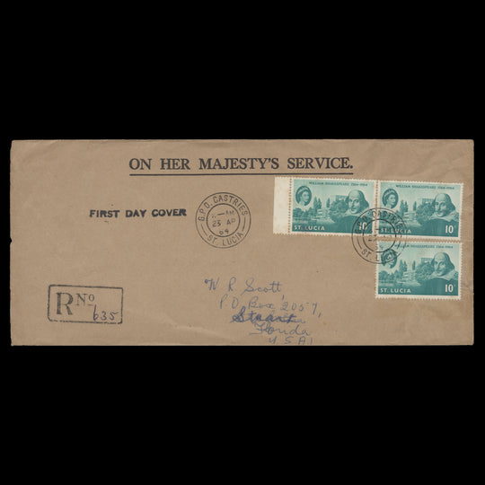 Saint Lucia 1964 Shakespeare Birth Anniversary first day cover, CASTRIES