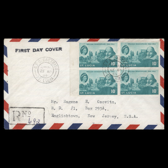 Saint Lucia 1964 Shakespeare Birth Anniversary first day cover, CASTRIES