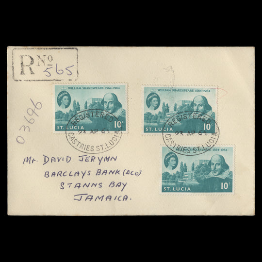 Saint Lucia 1964 Shakespeare Birth Anniversary first day cover, CASTRIES