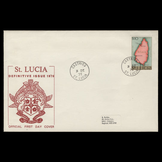 Saint Lucia 1973 $10 Map first day cover, CASTRIES