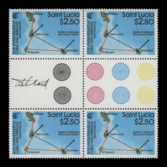 Saint Lucia 1988 Cable & Wireless Anniversary block signed by Tony Theobald