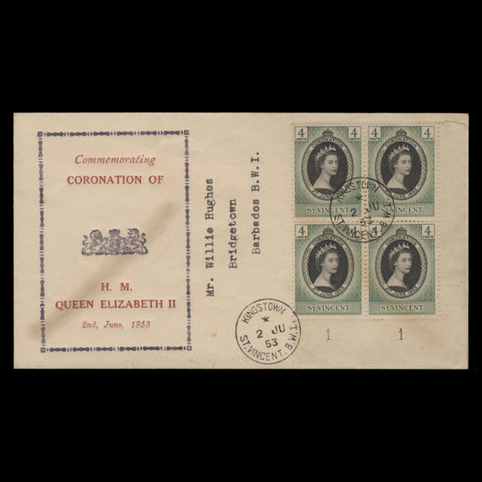 Saint Vincent 1953 Coronation first day cover, KINGSTOWN