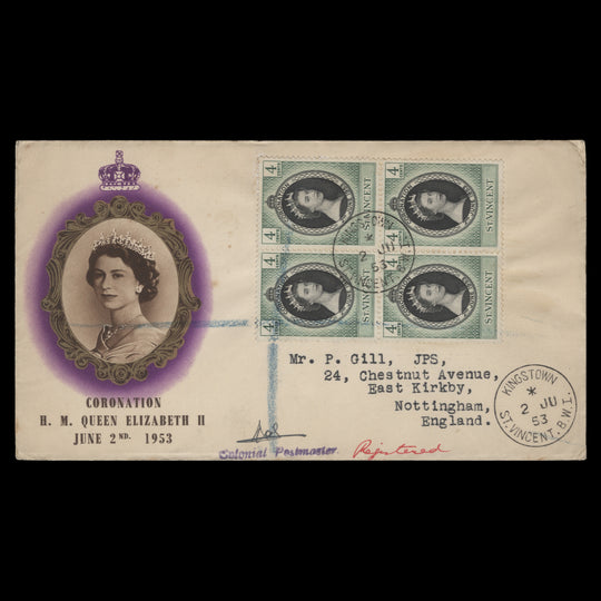 Saint Vincent 1953 Coronation first day cover, KINGSTOWN