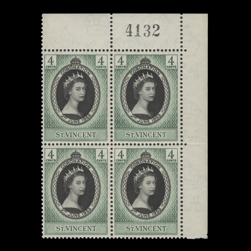 Saint Vincent 1953 (MNH) 4c Coronation sheet number block