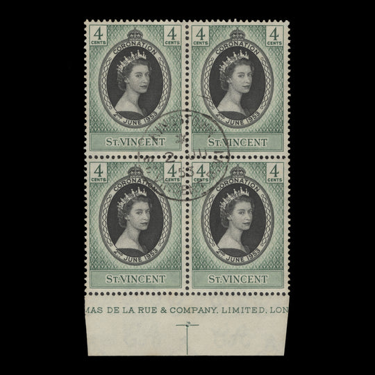Saint Vincent 1953 (Used) 4c Coronation imprint block