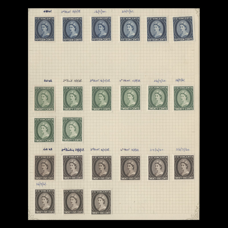 Saint Vincent 1955-62 Definitives printings reference