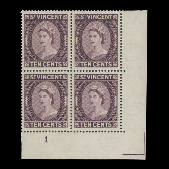 Saint Vincent 1955 (MLH) 10c Queen Elizabeth II plate block, Waterlow