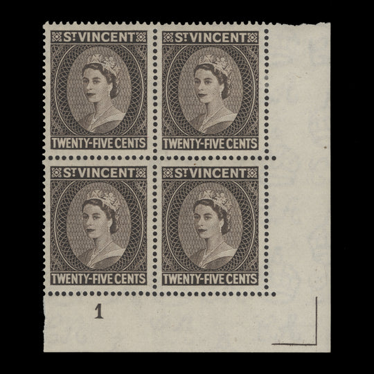 Saint Vincent 1955 (MLH) 25c Queen Elizabeth II plate block, Waterlow