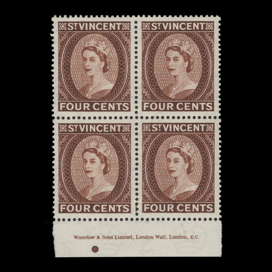 Saint Vincent 1955 (MNH) 4c Queen Elizabeth II imprint block, Waterlow