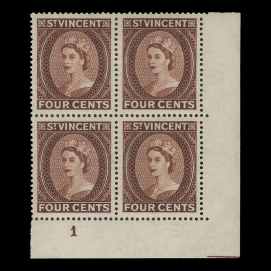 Saint Vincent 1955 (MNH) 4c Queen Elizabeth II plate block, Waterlow