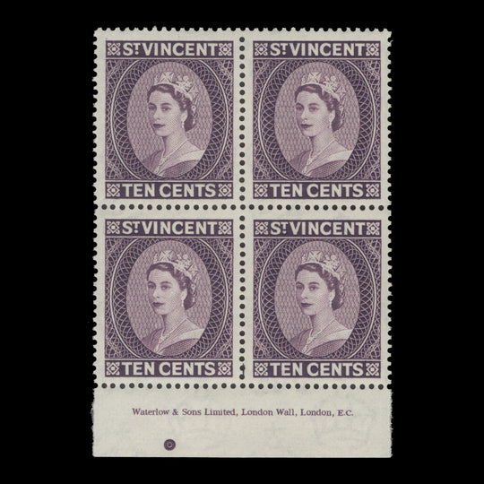 Saint Vincent 1958 (MNH) 10c Queen Elizabeth II imprint block, Waterlow