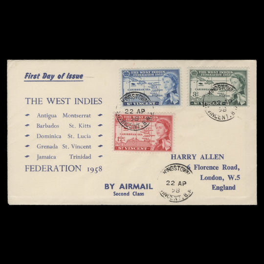 Saint Vincent 1958 West Indies Federation first day cover, KINGSTOWN