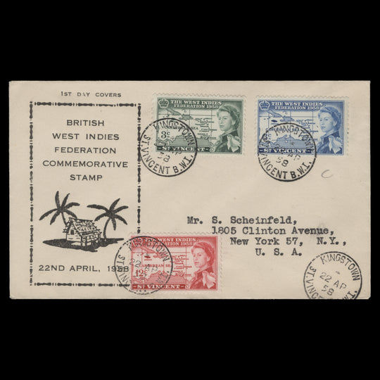 Saint Vincent 1958 West Indies Federation first day cover, KINGSTOWN