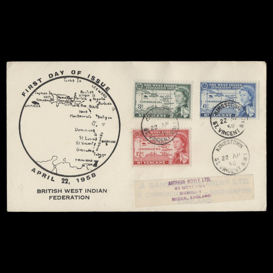 Saint Vincent 1958 West Indies Federation first day cover, KINGSTOWN