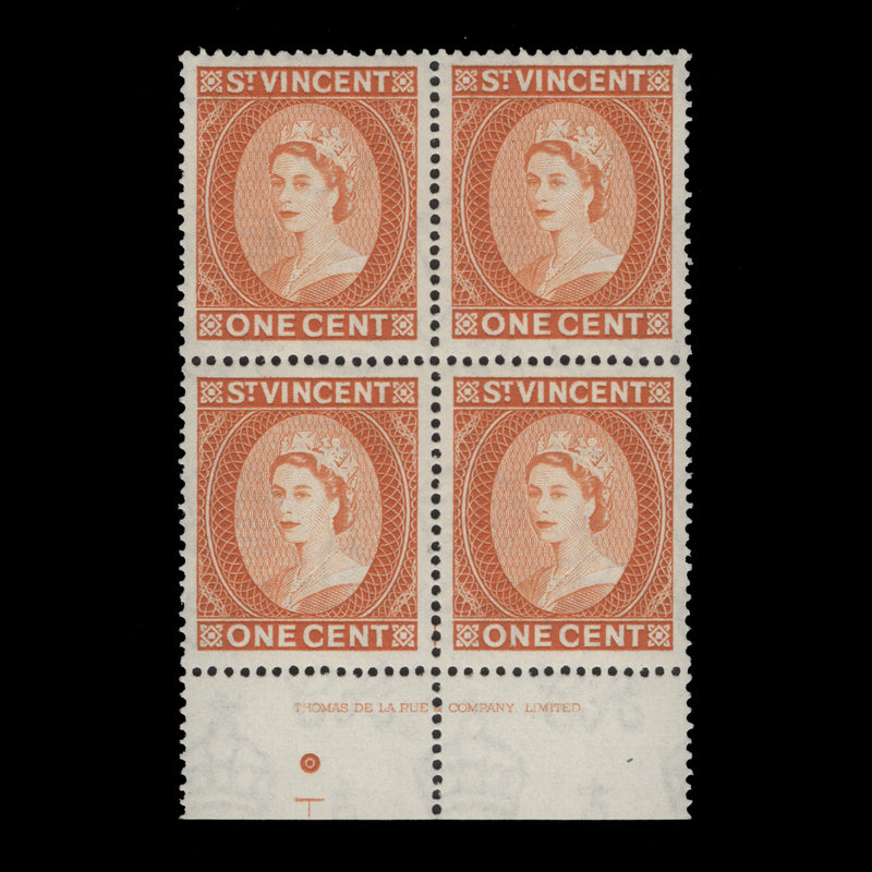 Saint Vincent 1961 (MNH) 1c Queen Elizabeth II imprint block, De La Rue