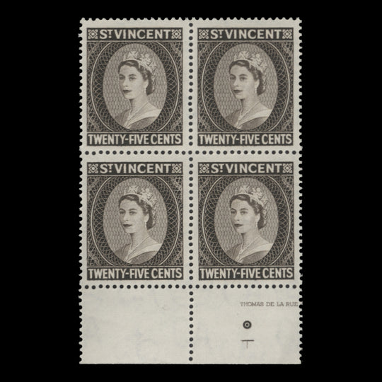 Saint Vincent 1961 (MNH) 25c Queen Elizabeth II imprint block, De La Rue
