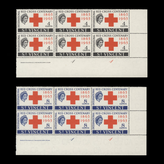 Saint Vincent 1963 (MNH) Red Cross Centenary imprint/plate blocks
