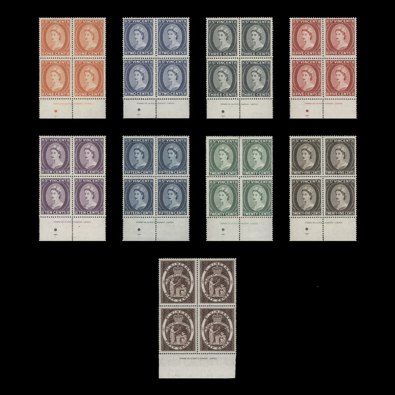 Saint Vincent 1964 Definitives imprint blocks, perf 13 x 14, St Edward's crown watermark