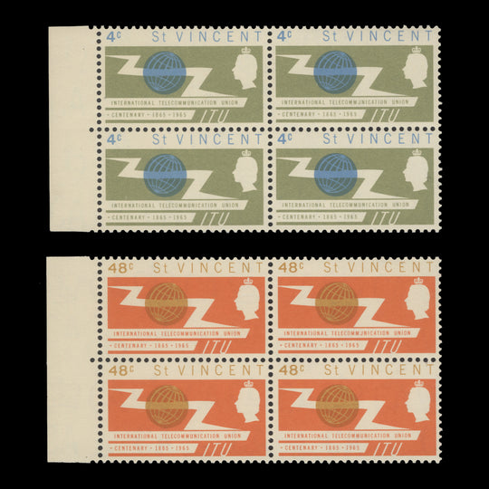 Saint Vincent 1965 (Variety) ITU Centenary blocks with damaged 'U' flaw