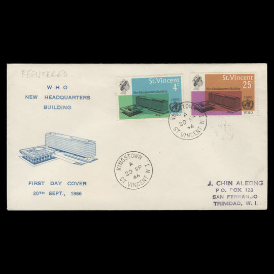 Saint Vincent 1966 Inauguration of WHO Headquarters first day cover, KINGSTOWN