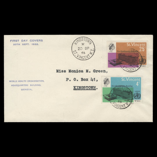 Saint Vincent 1966 Inauguration of WHO Headquarters first day cover, KINGSTOWN