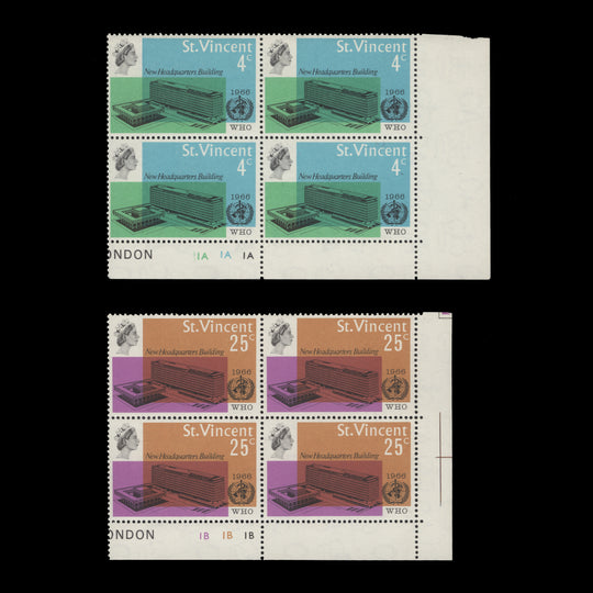 Saint Vincent 1966 (MNH) Inauguration of WHO Headquarters plate blocks