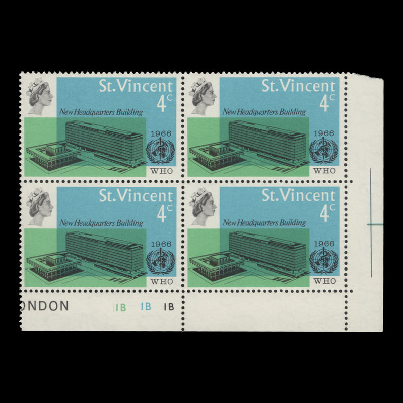 Saint Vincent 1966 (Variety) 4c Inauguration of WHO Headquarters block with broken 'w' flaw