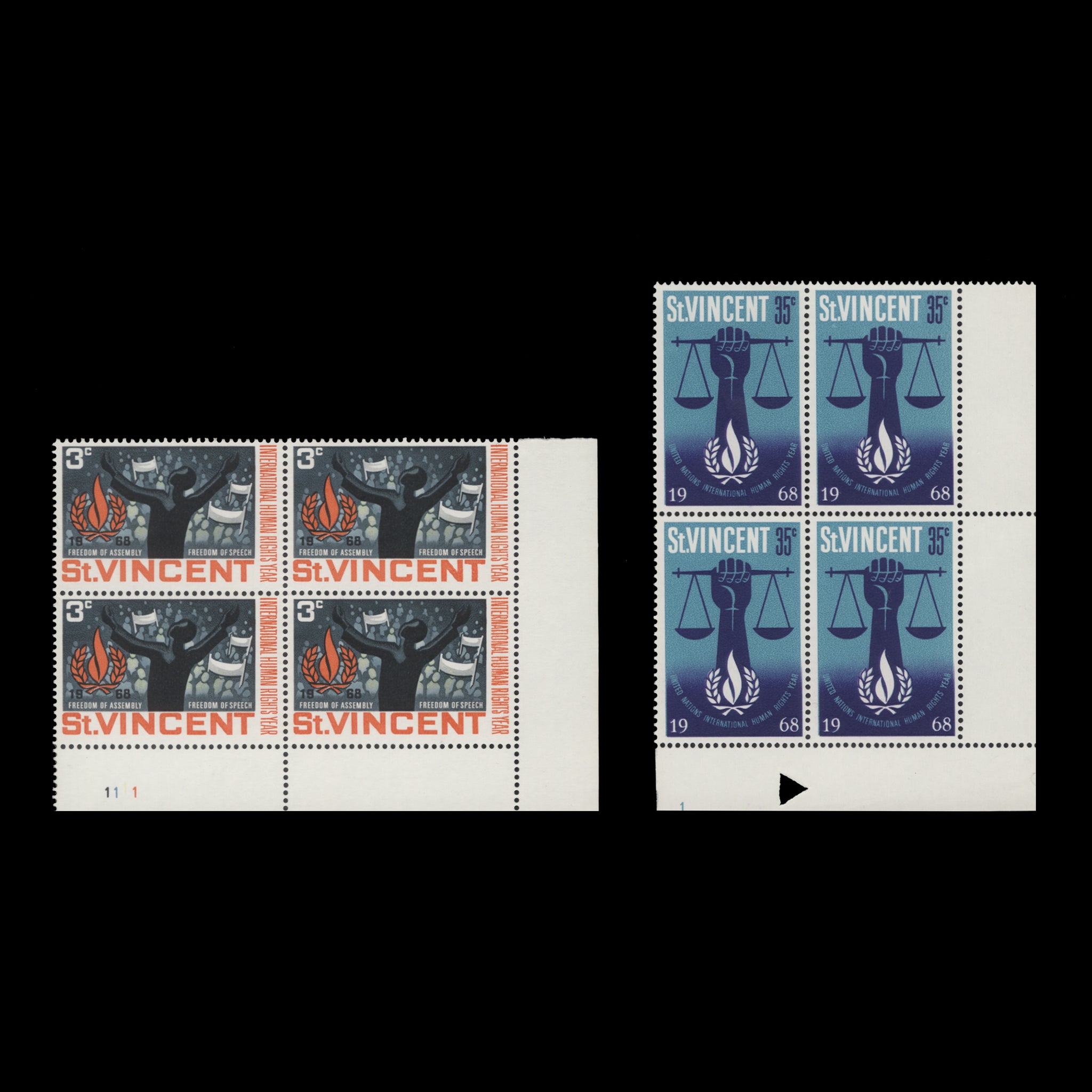 Human Rights Color Plate Saint Vincent 1968 (MNH) Human Rights Year plate blocks – ZEBOOSE.COM