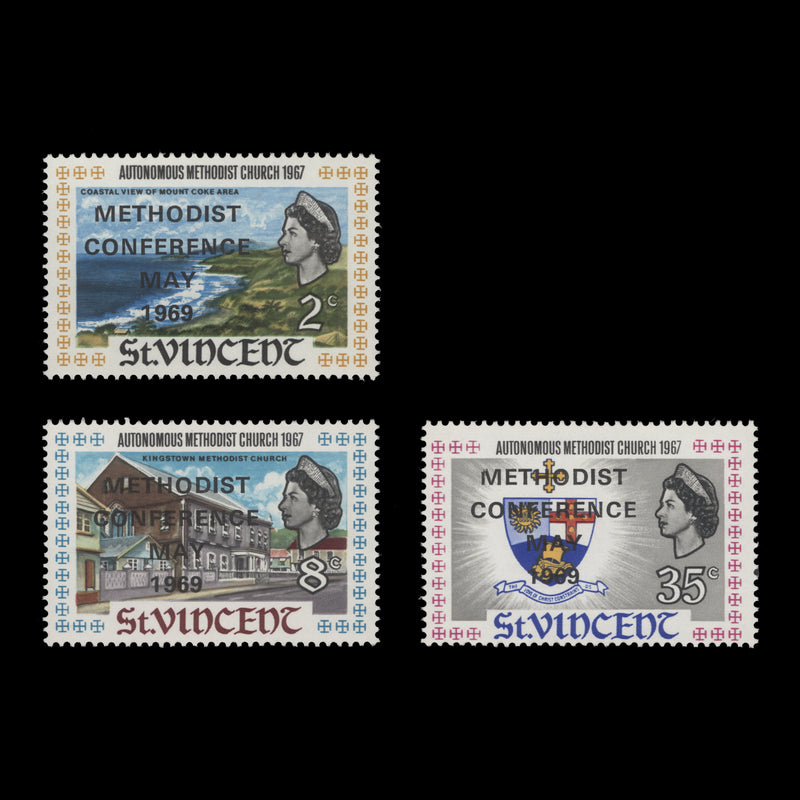 Saint Vincent 1969 (Variety) Methodist Conference singles with clipped 'M' of overprint