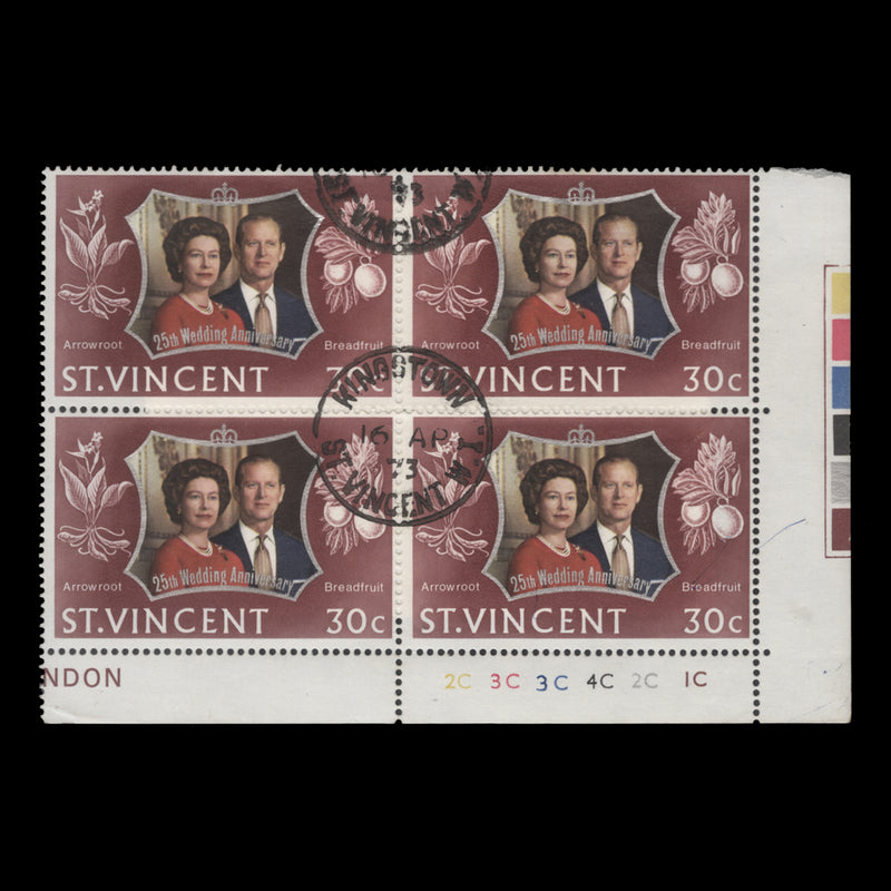 Saint Vincent 1972 (Used) 30c Royal Silver Wedding plate 2C–3C–3C–4C–2C–1C block