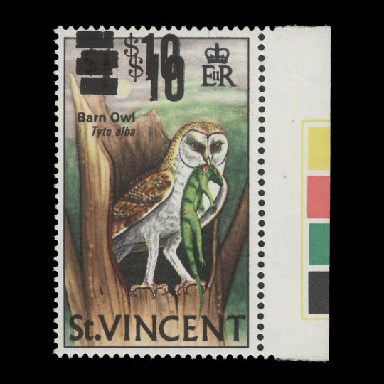 Saint Vincent 1973 (Variety) $10/$1 Barn Owl with double surcharge
