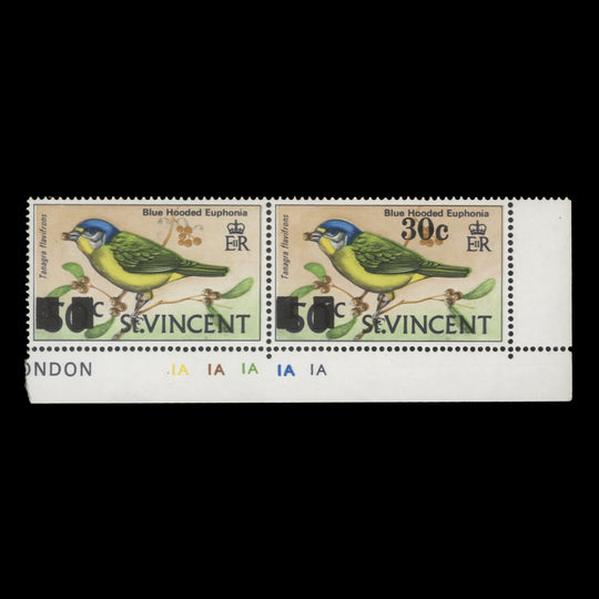 Saint Vincent 1973 (Variety) 30c/50c Blue Hooded Euphonia pair virtually missing surcharge from one