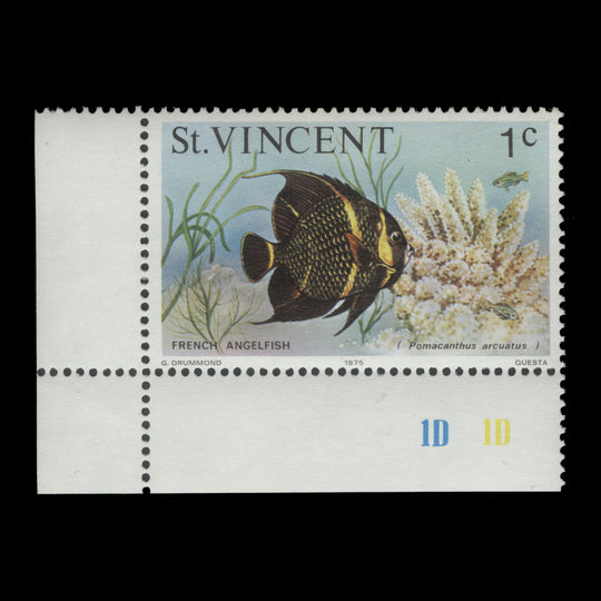 Saint Vincent 1975 (Variety) 1c French Angelfish with watermark to right