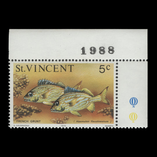 Saint Vincent 1975 (Variety) 5c French Grunt with watermark to right