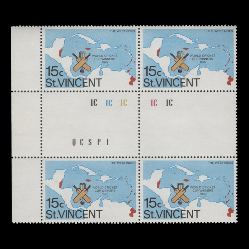 Saint Vincent 1976 (Variety) 15c World Cup Cricket block with extra island flaw