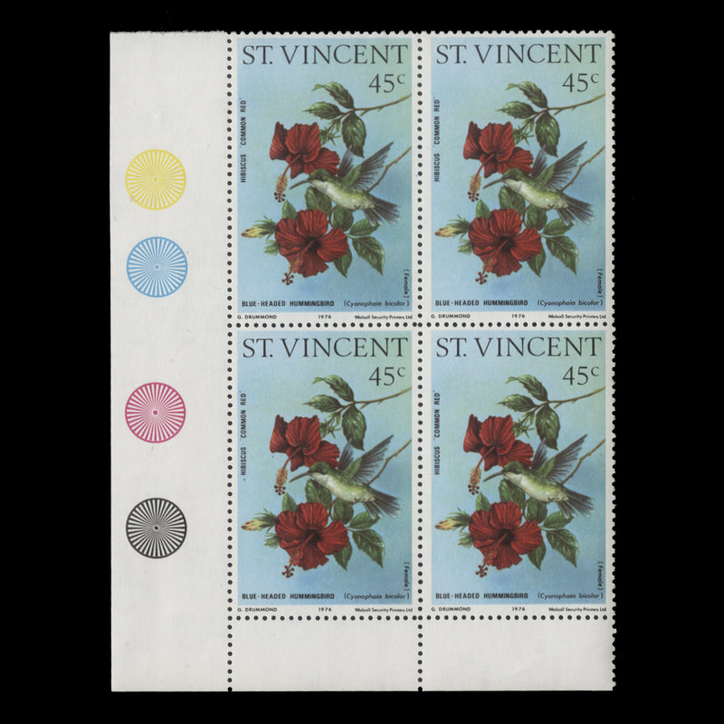 Saint Vincent 1976 (Variety) 45c Hummingbirds & Hibiscuses traffic light block with upright watermark