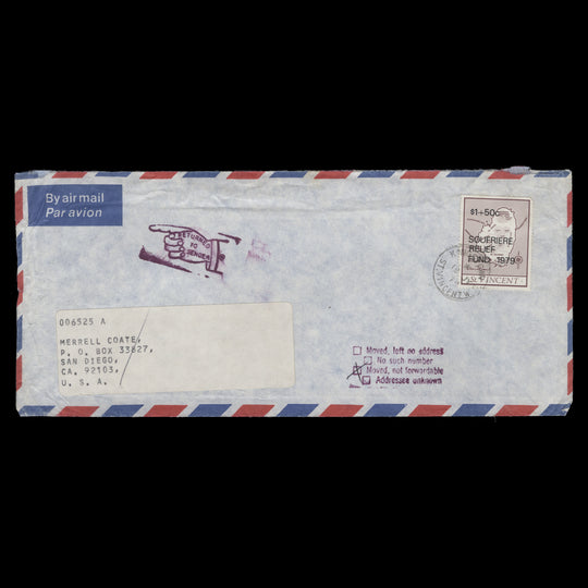 Saint Vincent 1979 (Used) $1+50c Soufrière Relief Fund cover returned to sender