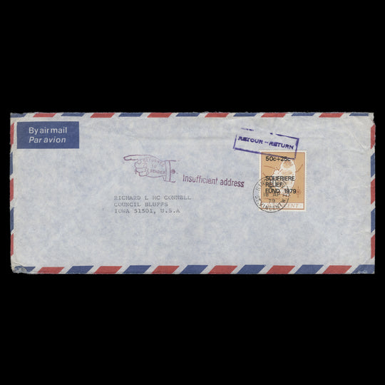 Saint Vincent 1979 (Used) 50c+25c Soufrière Relief Fund cover returned to sender