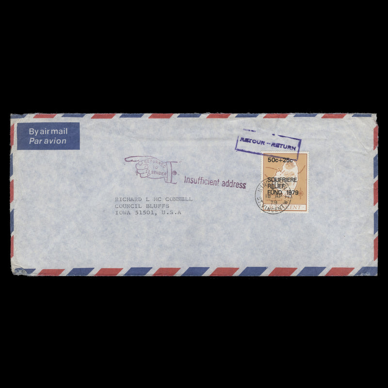 Saint Vincent 1979 (Used) 50c+25c Soufrière Relief Fund cover returned to sender