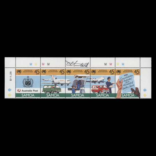 Samoa 1988 Australia Bicentenary plate strip signed by Tony Theobald