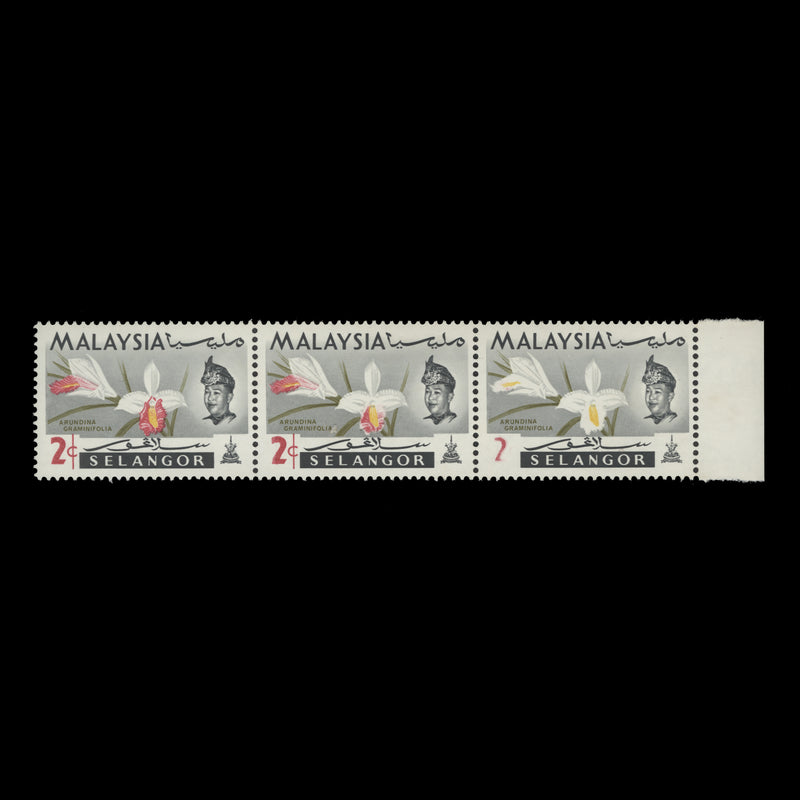Selangor 1965 (Variety) 2c Arundina Graminifolia strip with magenta virtually missing