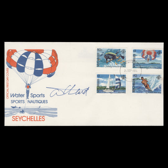 Seychelles 1984 Water Sports first day cover signed by the designer
