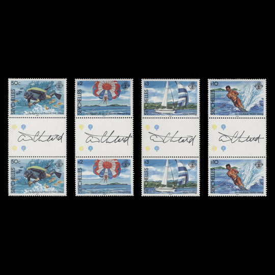 Seychelles 1984 Water Sports gutter pairs signed by Tony Theobald