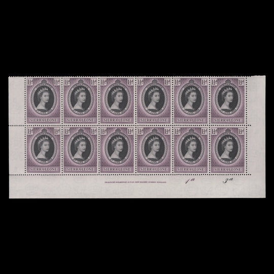 Sierra Leone 1953 (MNH) 1½d Coronation imprint/plate 1a–3a block