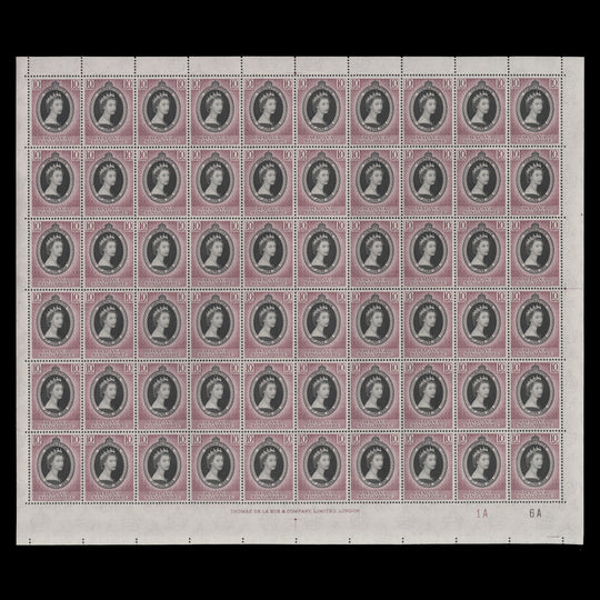 Singapore 1953 (MNH) 10c Coronation plate 1A–6A pane of 60 stamps