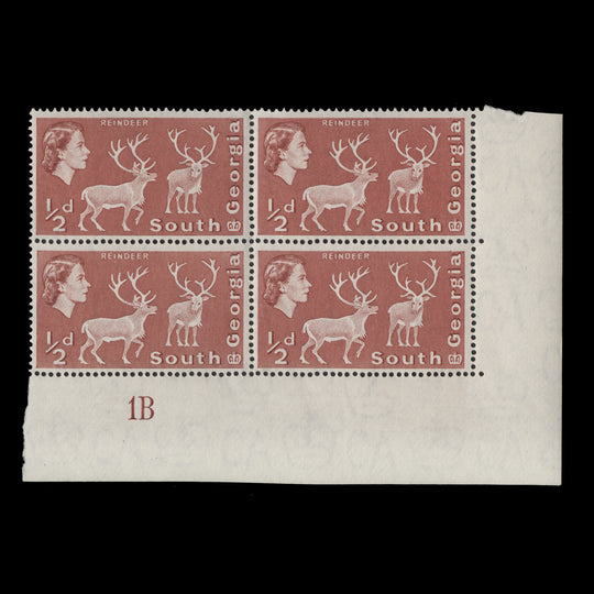 South Georgia 1963 (MNH) ½d Reindeer plate 1B block